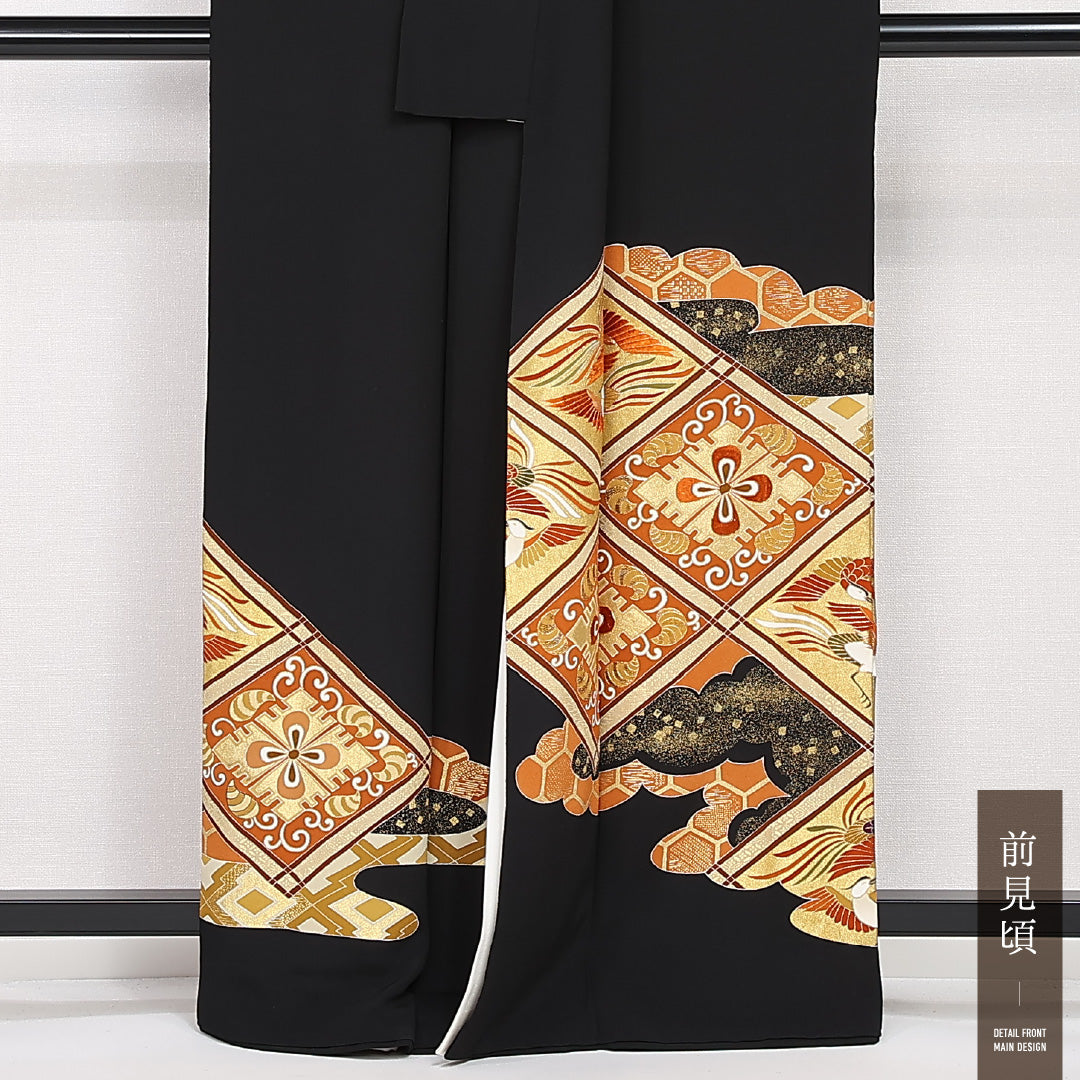 黒留袖(千總) 五つ紋 三つ橘 身丈160cm 裄丈66cm Aランク 正絹 袷 比翼 広衿 L 落款 金箔 アラベスク 向かい鳥 金彩 フォーマル 古典的 重厚感 黒系 1211-F0536