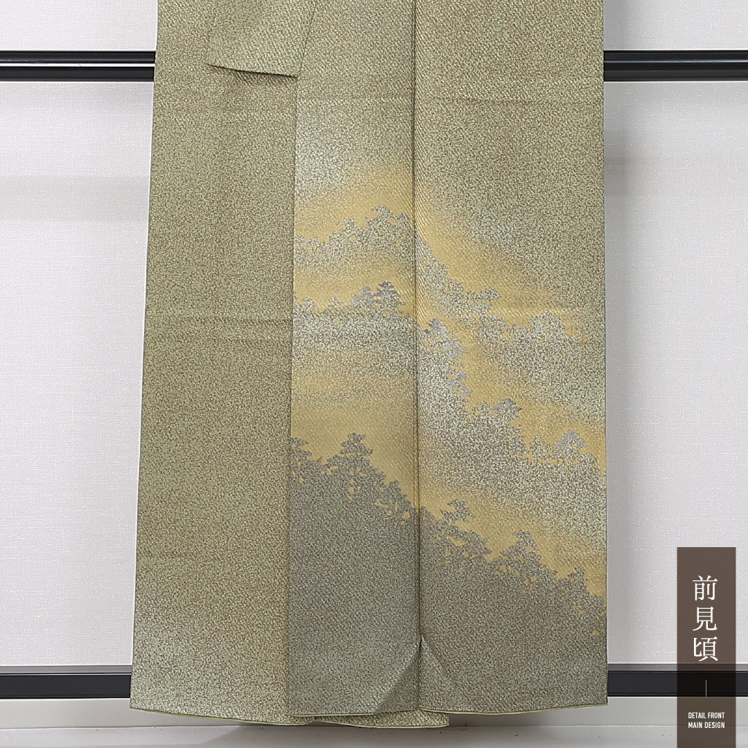 訪問着 袷 身丈153cm 裄丈65cm 正絹 Sランク 一つ紋 セミフォーマル 広衿 Sサイズ 作家物 落款 遠山 緑系 RP 1217-12437
