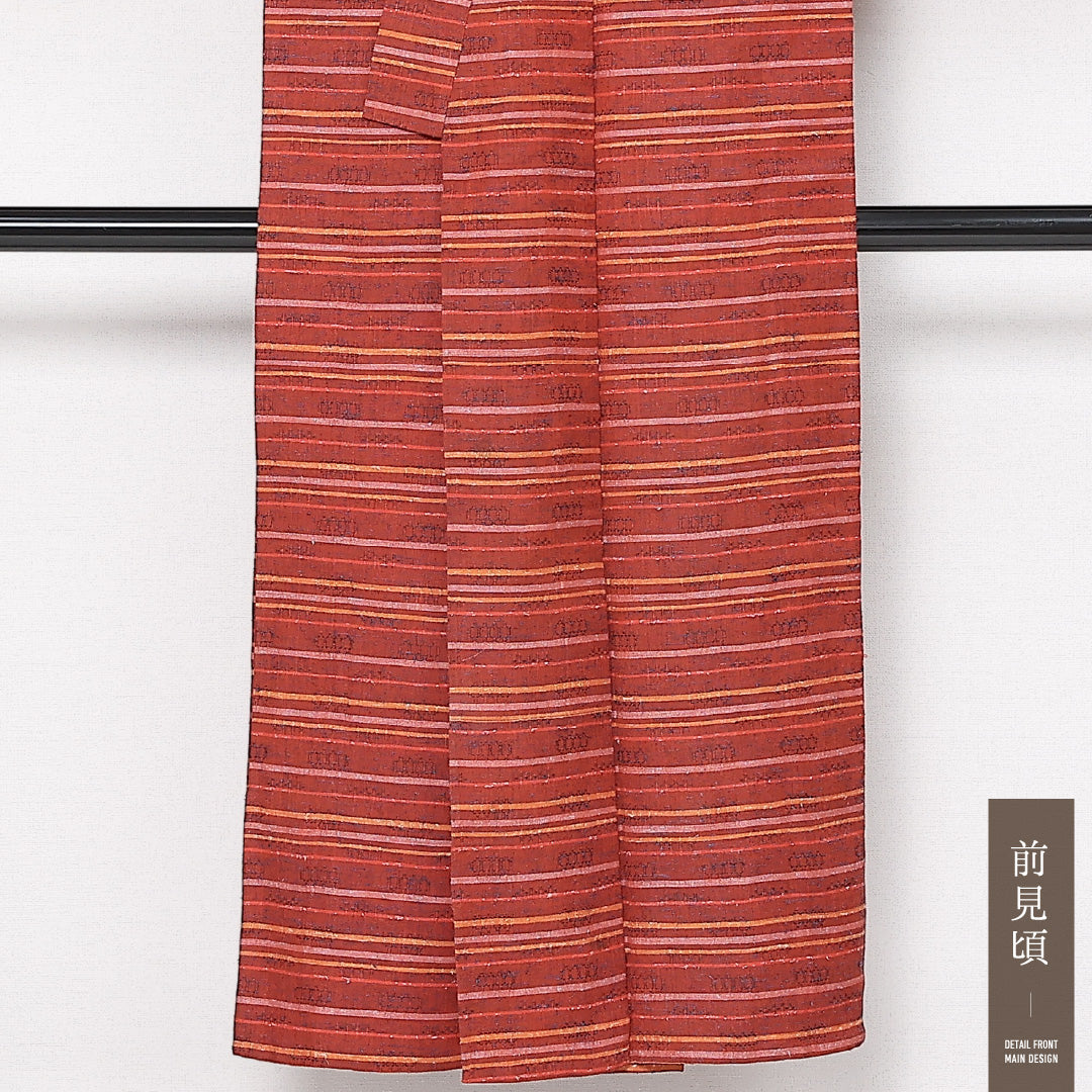 洗える着物 ウールの紬 単衣 身丈146cm 裄丈62cm ウール Sランク カジュアル バチ衿 XSサイズ 居敷当て 肩当て 縞 朱系 RP 1223-13562