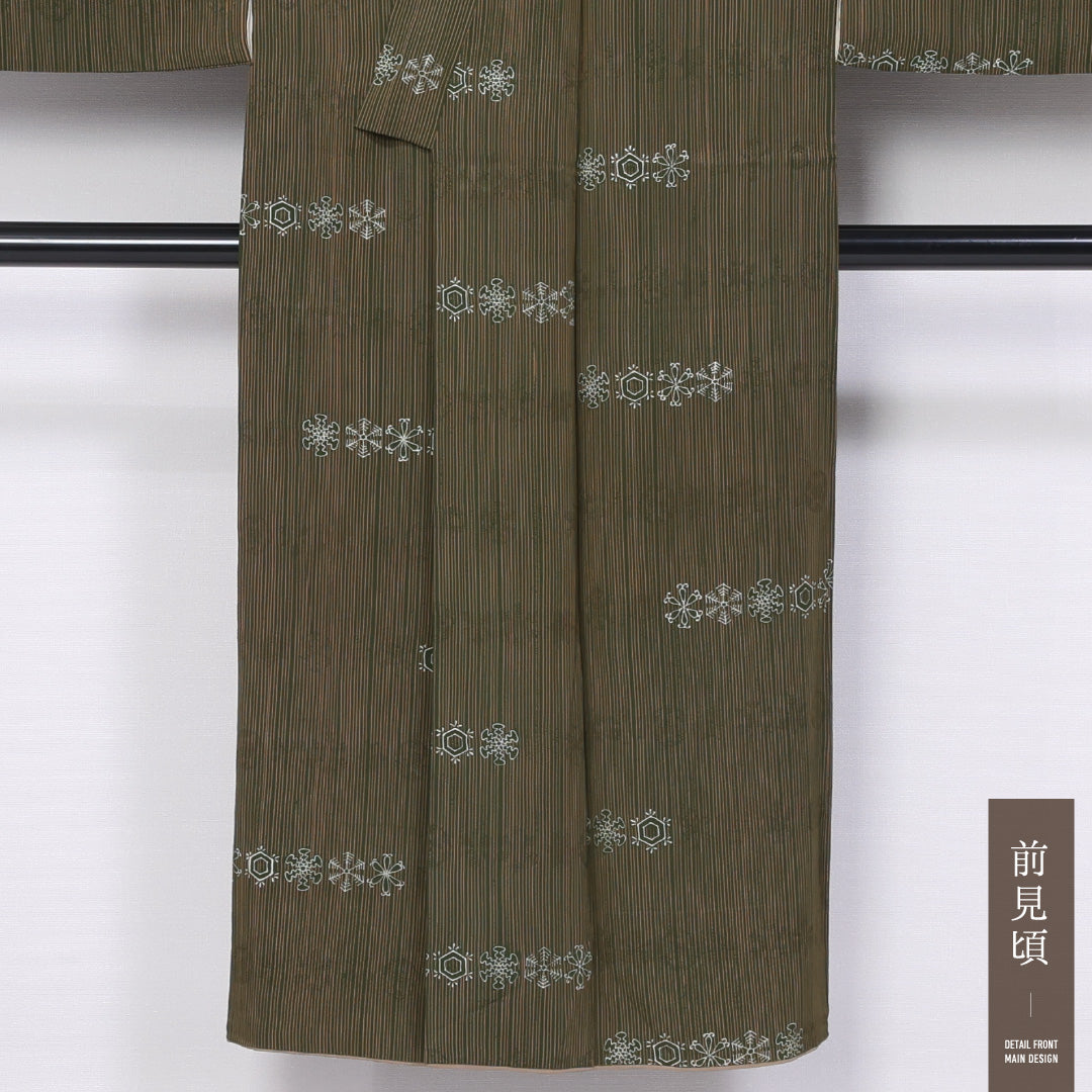 アンティーク 小紋 袷 身丈145cm 裄丈62cm 正絹 Aランク バチ衿 XSサイズ 縞 雪花紋 緑系 RP 1221-11486