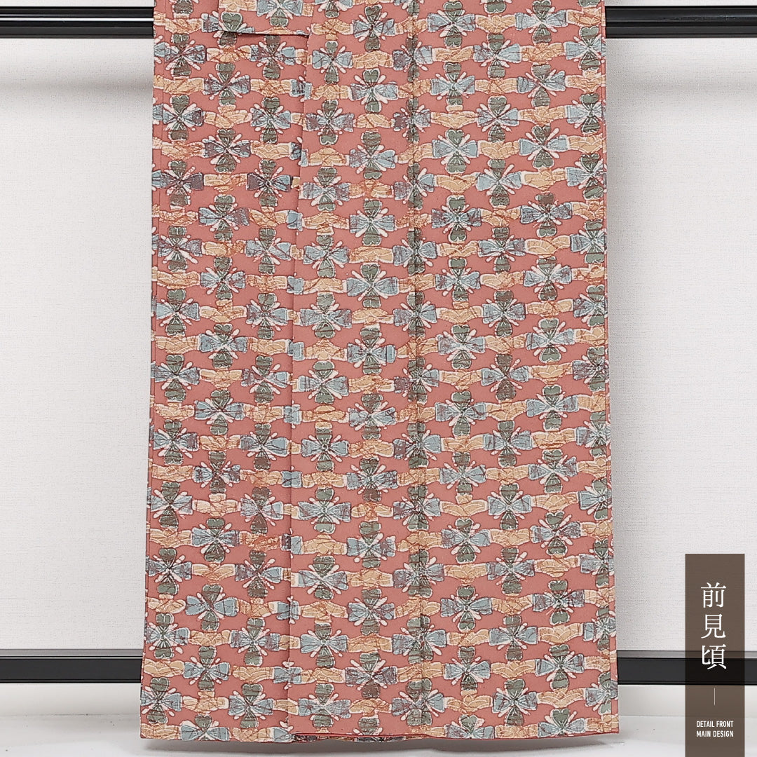 小紋 袷 身丈159cm 裄丈61cm 正絹 Aランク インフォーマル 広衿 Mサイズ 花柄 ピンク系 HP 1221-13629