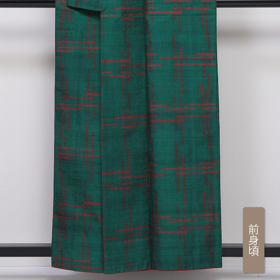 紬(真綿紬) 袷 身丈157cm 裄丈62cm 正絹 Sランク Mサイズ 広衿 カジュアル 創作柄 緑系 1216-03161