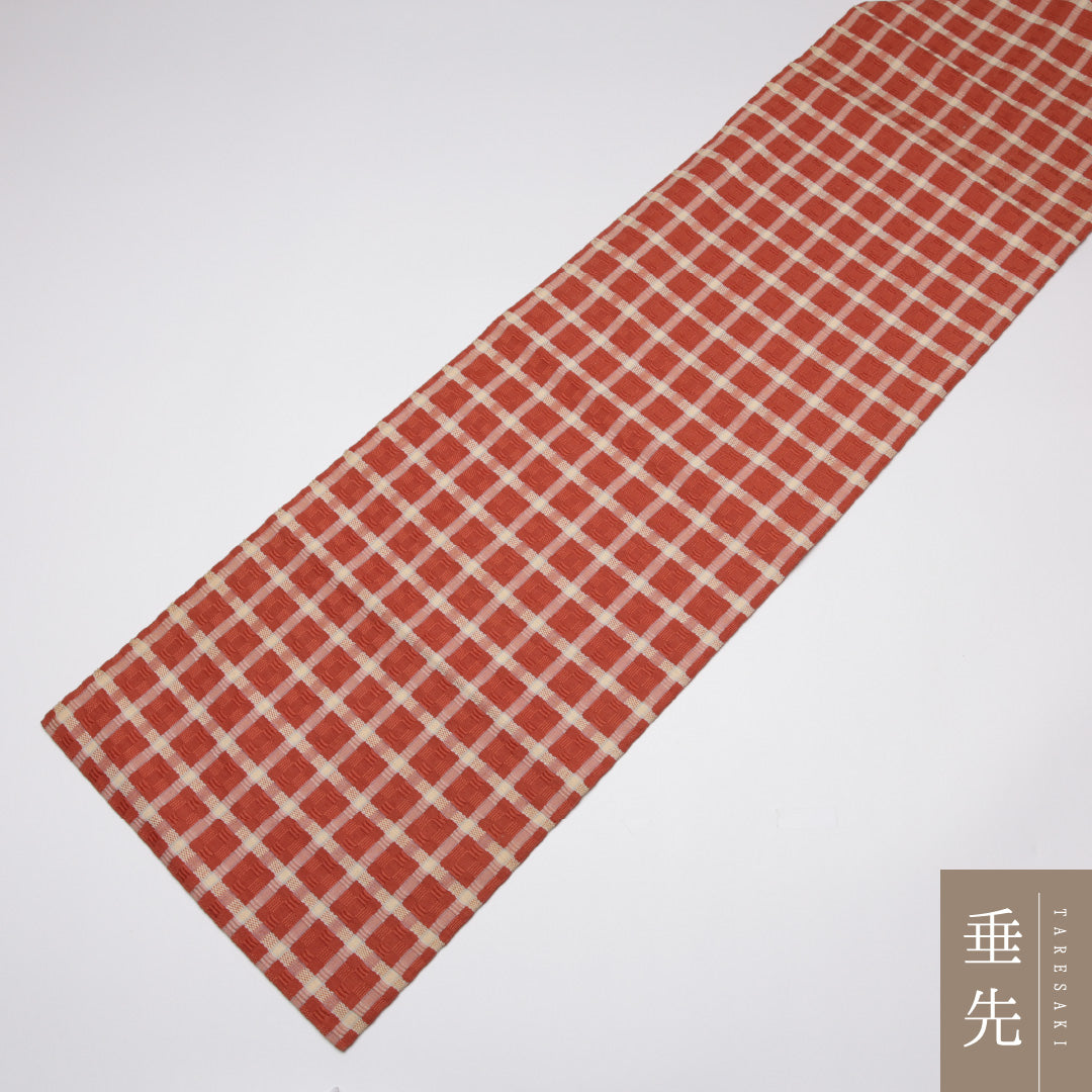 九寸名古屋帯 Aランク 帯丈327cm 正絹 六通 名古屋仕立て 織り カジュアル ふくれ織 格子 赤系 LP 1245-01529