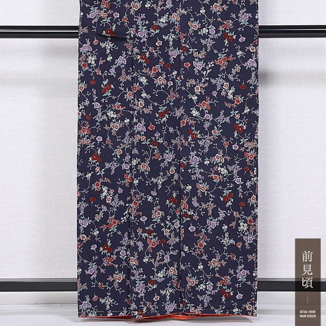 紬 袷 身丈160cm 裄丈62cm 正絹 Aランク カジュアル 広衿 Lサイズ 撫子 紺系 RP 1223-11290