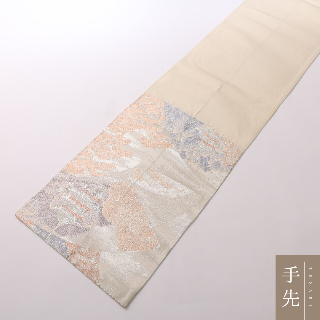 袋帯 帯丈428cm 六通 セミフォーマル Bランク 正絹 京洛百景 古典的 しとやか クリーム系 1223-01643