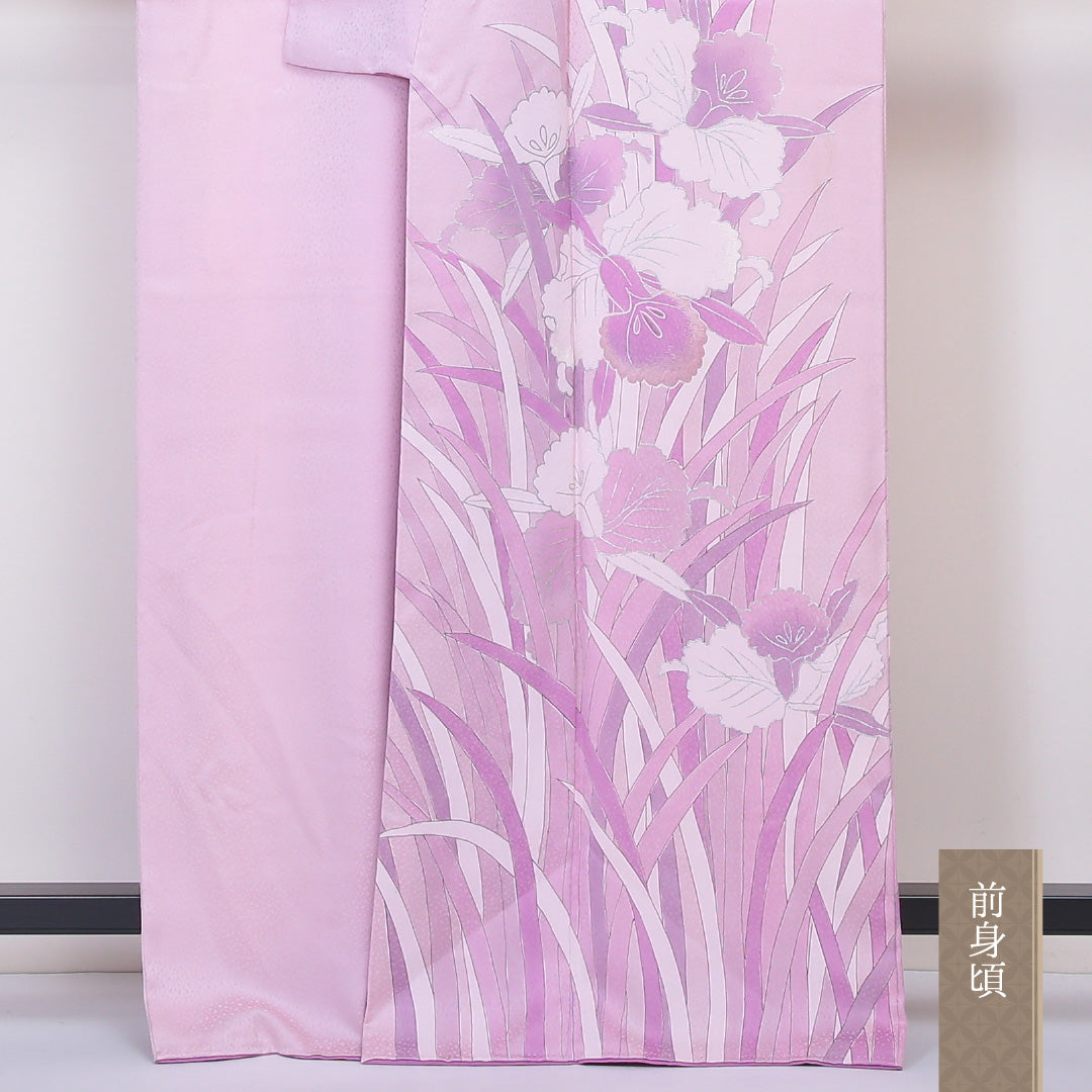 訪問着 袷 身丈160~164cm 裄68cm 正絹 一つ紋 菖蒲 五瓜に桔梗 ピンク系 Aランク 1212-00552