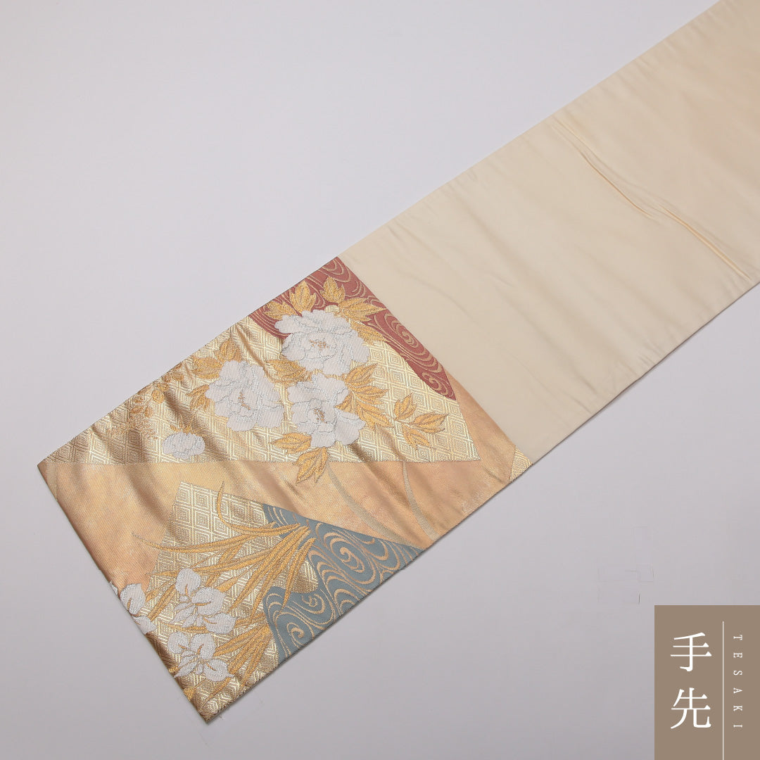 袋帯 六通 帯丈428cm フォーマル Sランク 正絹 牡丹 菖蒲 ベージュ系 1223-01423