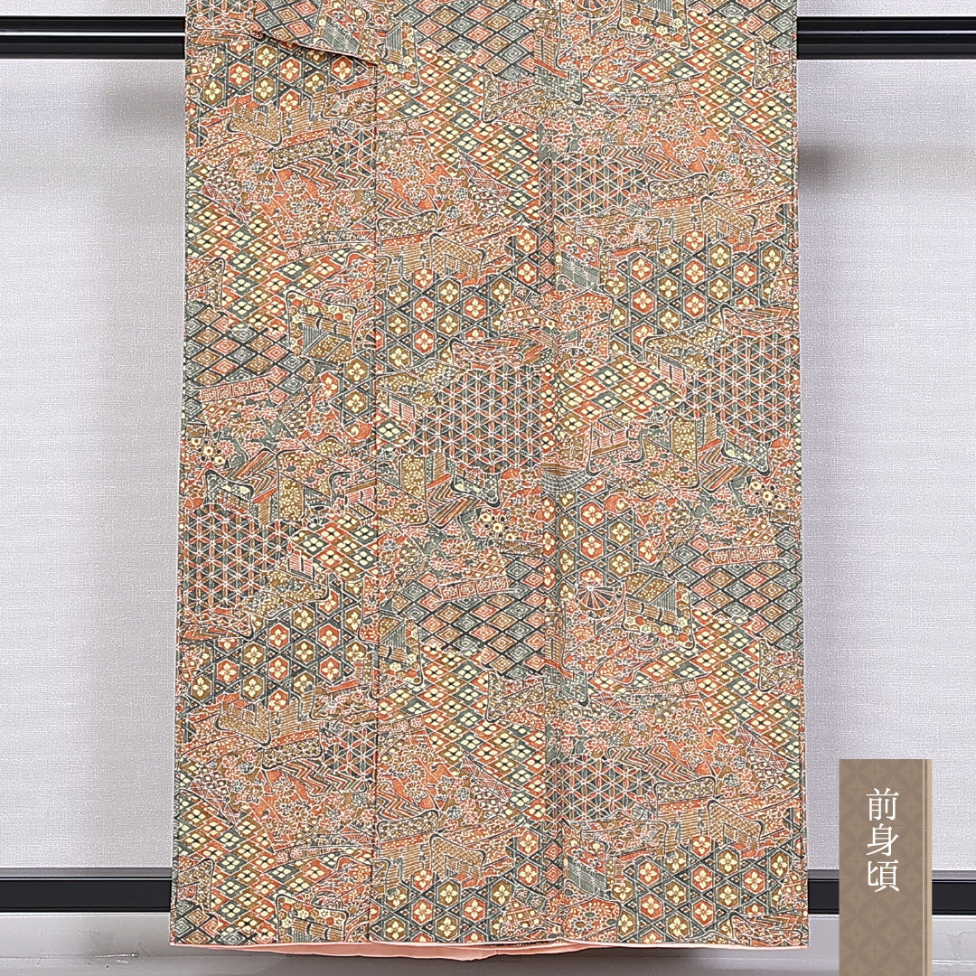 小紋 袷 身丈155cm 裄丈64cm 正絹 Sランク インフォーマル 広衿 Mサイズ 御所車 金系 RP 1221-10176
