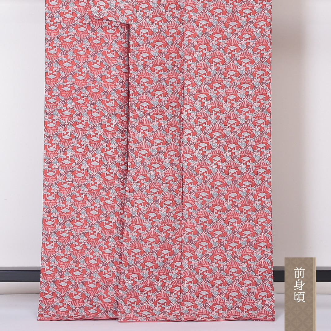 小紋 袷 身丈164cm 裄丈65cm 正絹 Sランク インフォーマル 広衿 Lサイズ 鶴 菱 花柄 赤系 RP 1221-02008