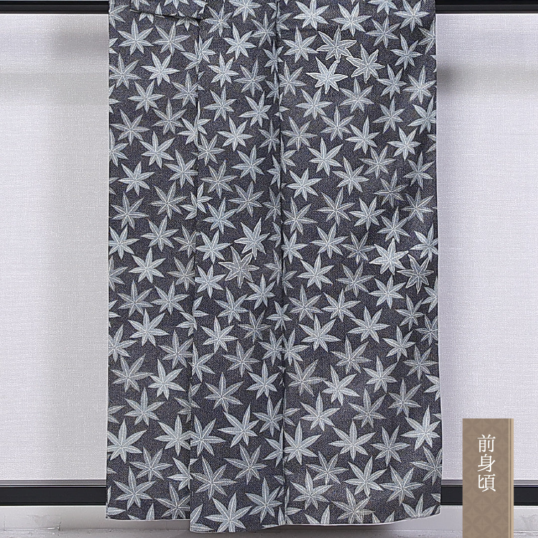 小紋 身丈154cm 裄丈63cm S 正絹 Bランク 袷 広衿 紅葉 刺繍 銀糸 1215-10528