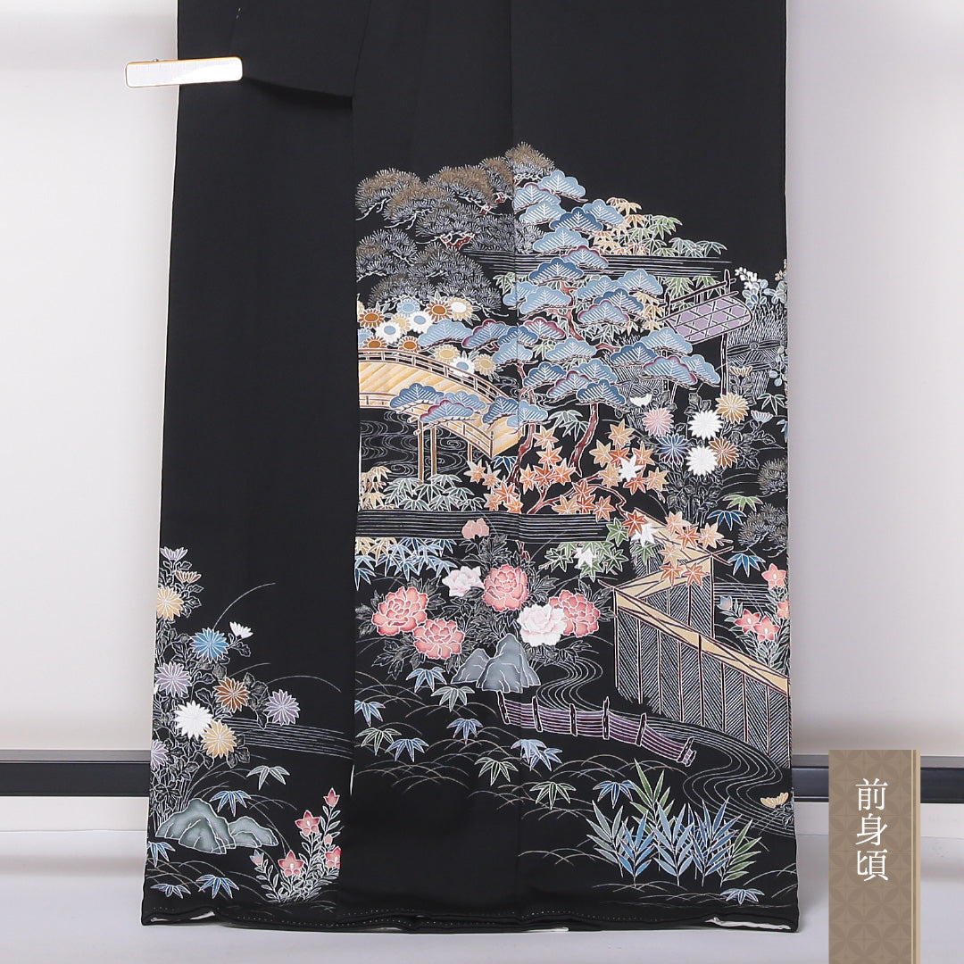 黒留袖 五つ紋 五三桐 身丈169cm 裄丈62.5cm Aランク 正絹 袷 比翼 広衿 XL 御所解 牡丹 フォーマル 黒系 1211-F0237