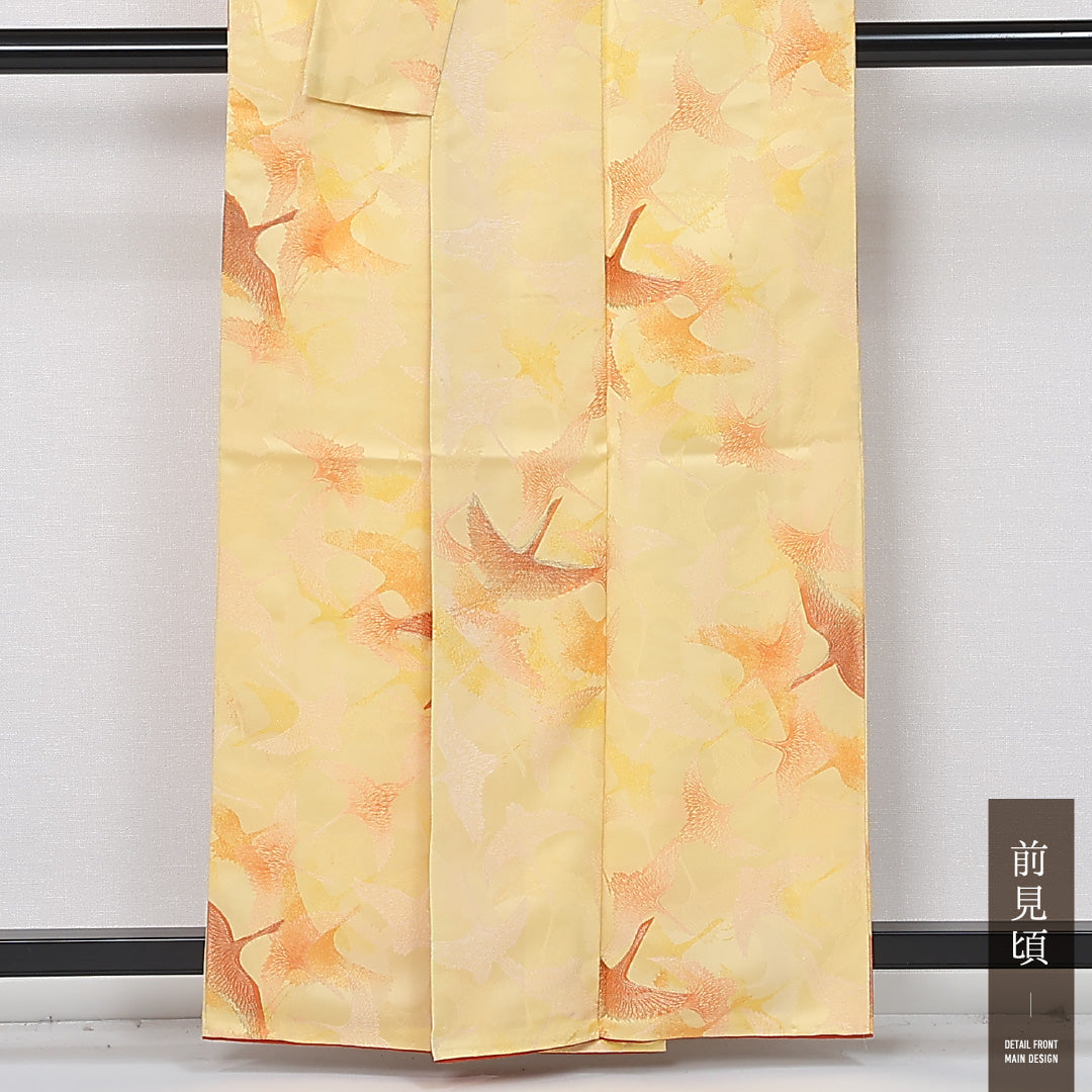 小紋 身丈159cm 裄丈64.5cm Bランク M 正絹 袷 広衿 鶴 カジュアル 黄系 1215-12001