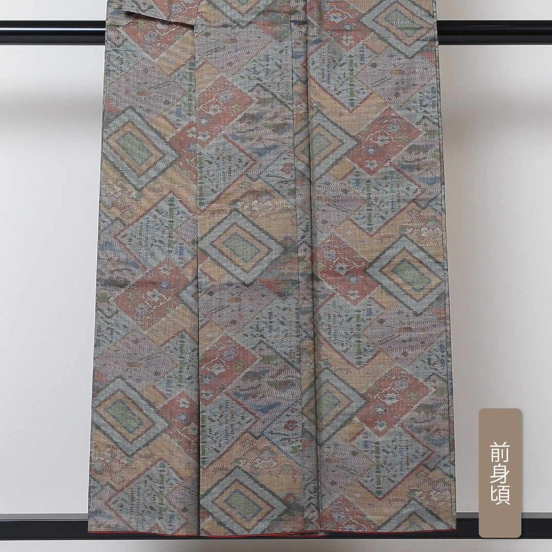 大島紬 袷 身丈153cm 裄62.5cm 正絹 グレー系 Aランク 1216-00552
