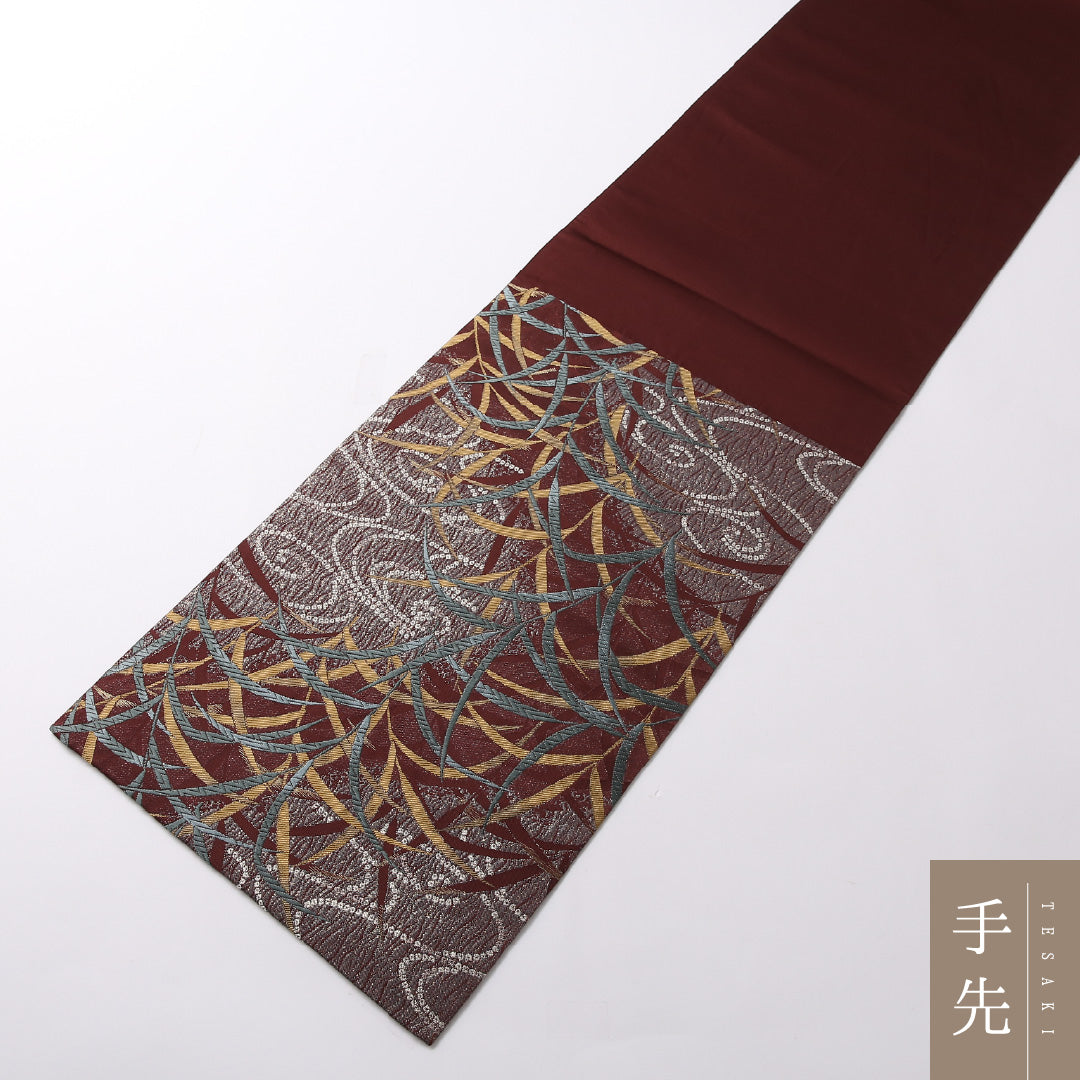 袋帯 帯丈442cm 六通 セミフォーマル Sランク 正絹 流水 芝草 古典的 淡い 茶系 1223-01686