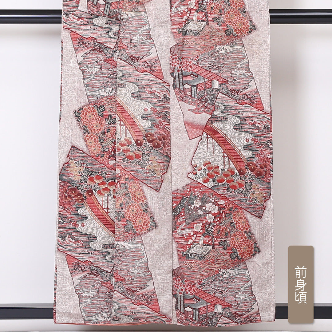 アンティーク お召 袷 身丈154cm 裄丈65cm 正絹 Dランク 広衿 Sサイズ 金彩 吉祥文様 クリーム系 RP 1222-03320