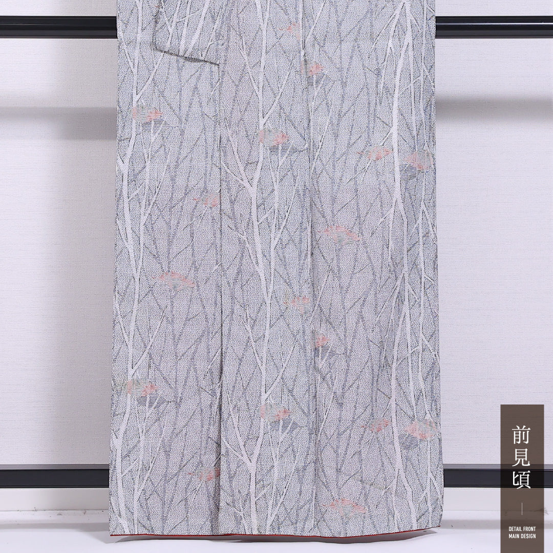 小紋 袷 身丈159cm 裄丈66cm 正絹 Cランク インフォーマル 広衿 Mサイズ 植物柄 グレー系 LP 1221-11750