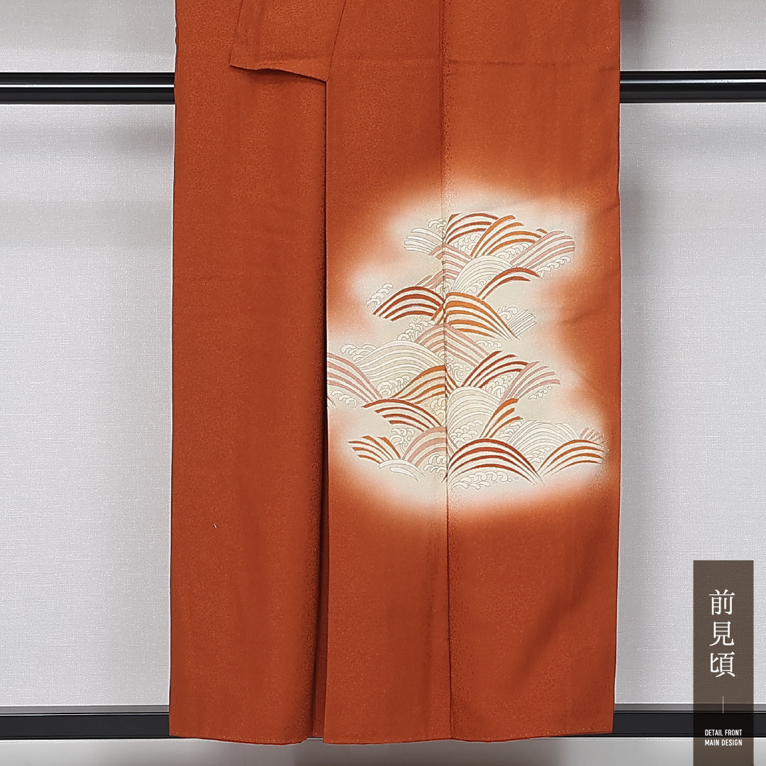 付下げ 袷 身丈153cm 裄丈63cm 正絹 Aランク インフォーマル 広衿 Sサイズ ぼかし染 金彩 千鳥 波 朱系 HP 1218-11974
