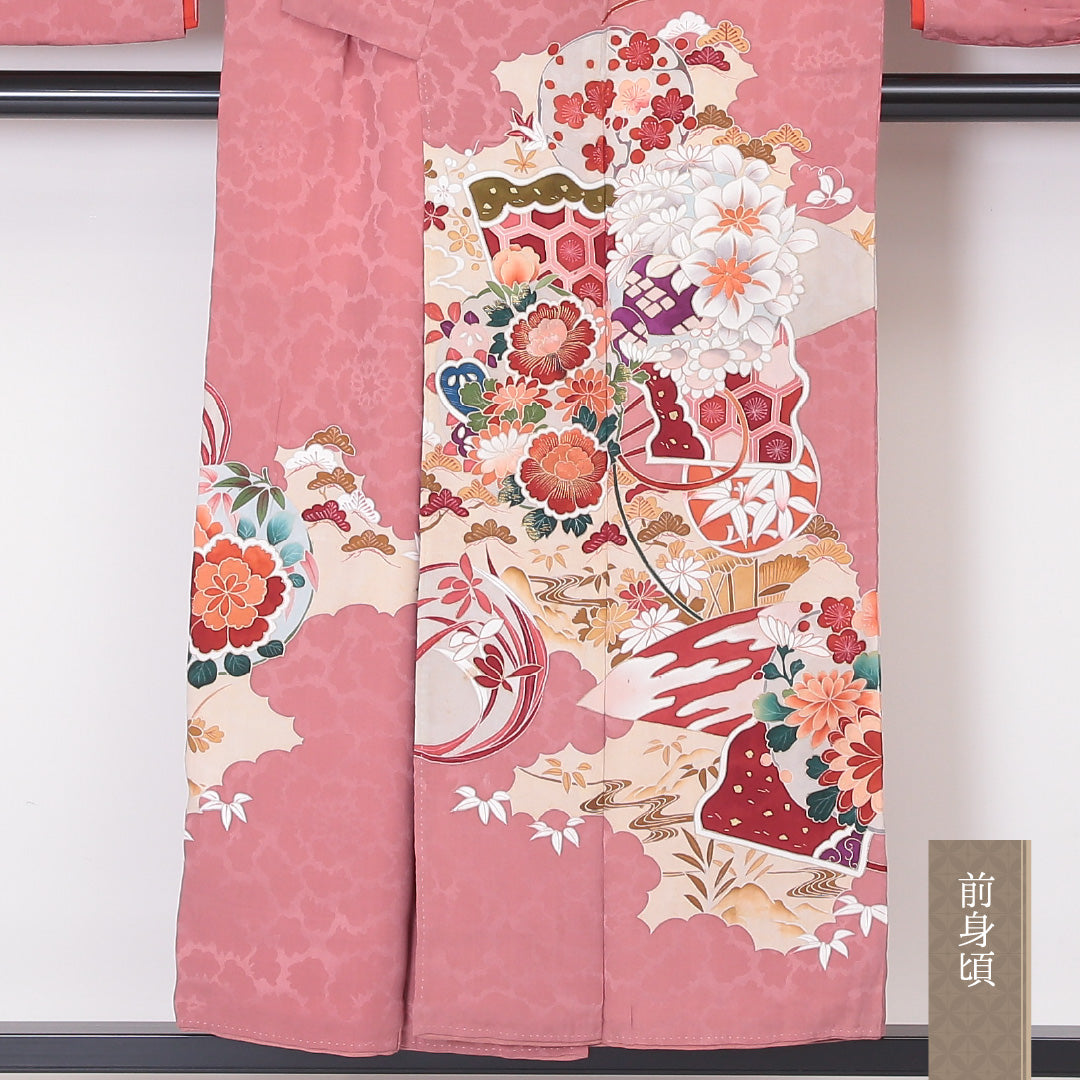 アンティーク 訪問着 (錦紗) 袷 身丈151cm 裄丈63cm 正絹 Aランク 紋意匠 (吉祥文様) 広衿 Sサイズ 花柄 吉祥文様 ピンク系 RP 1217-04501