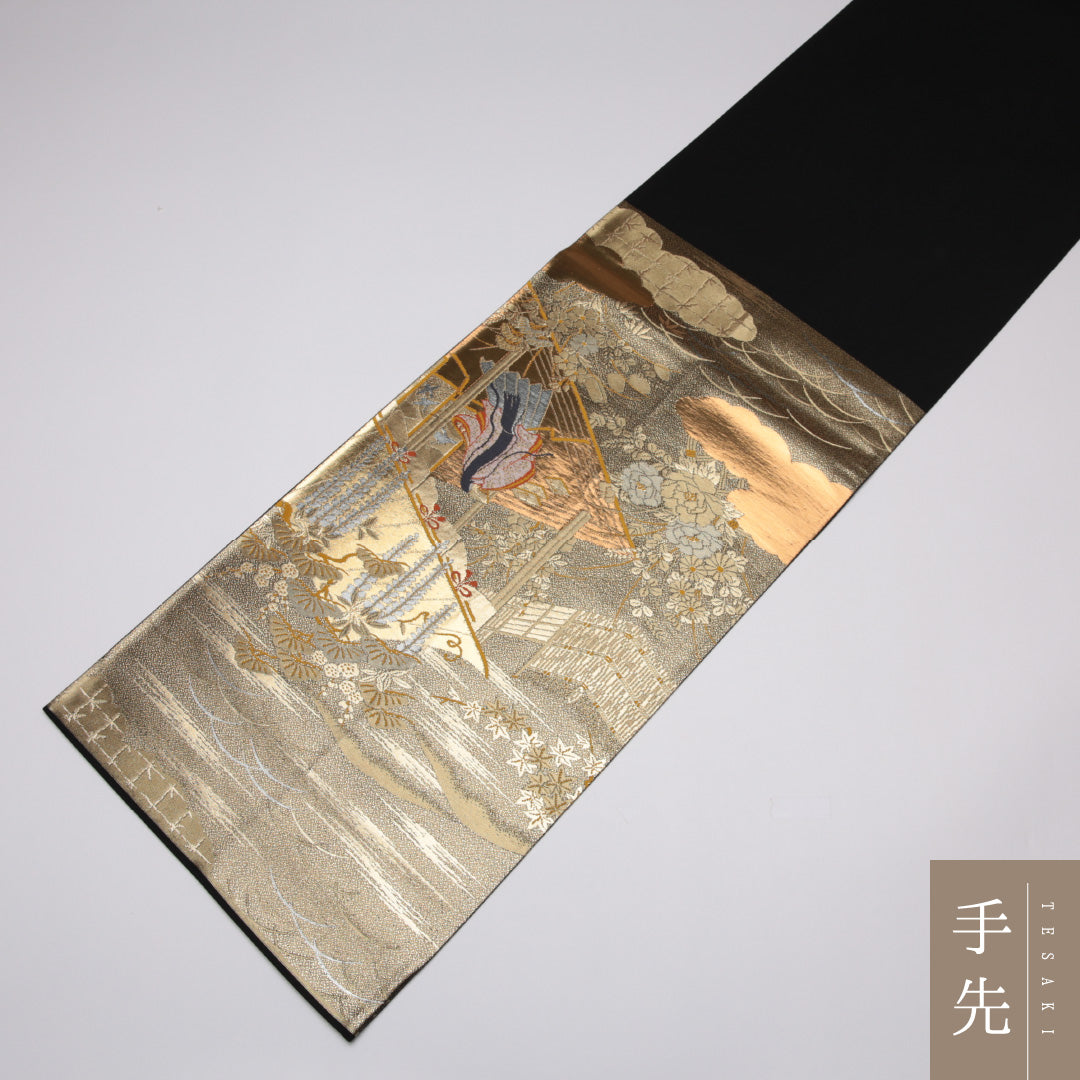 本金箔二重引錦 袋帯 帯丈428cm 六通 源氏物語 フォーマル 金系 正絹 尾島産業謹製 Sランク 1223-01139