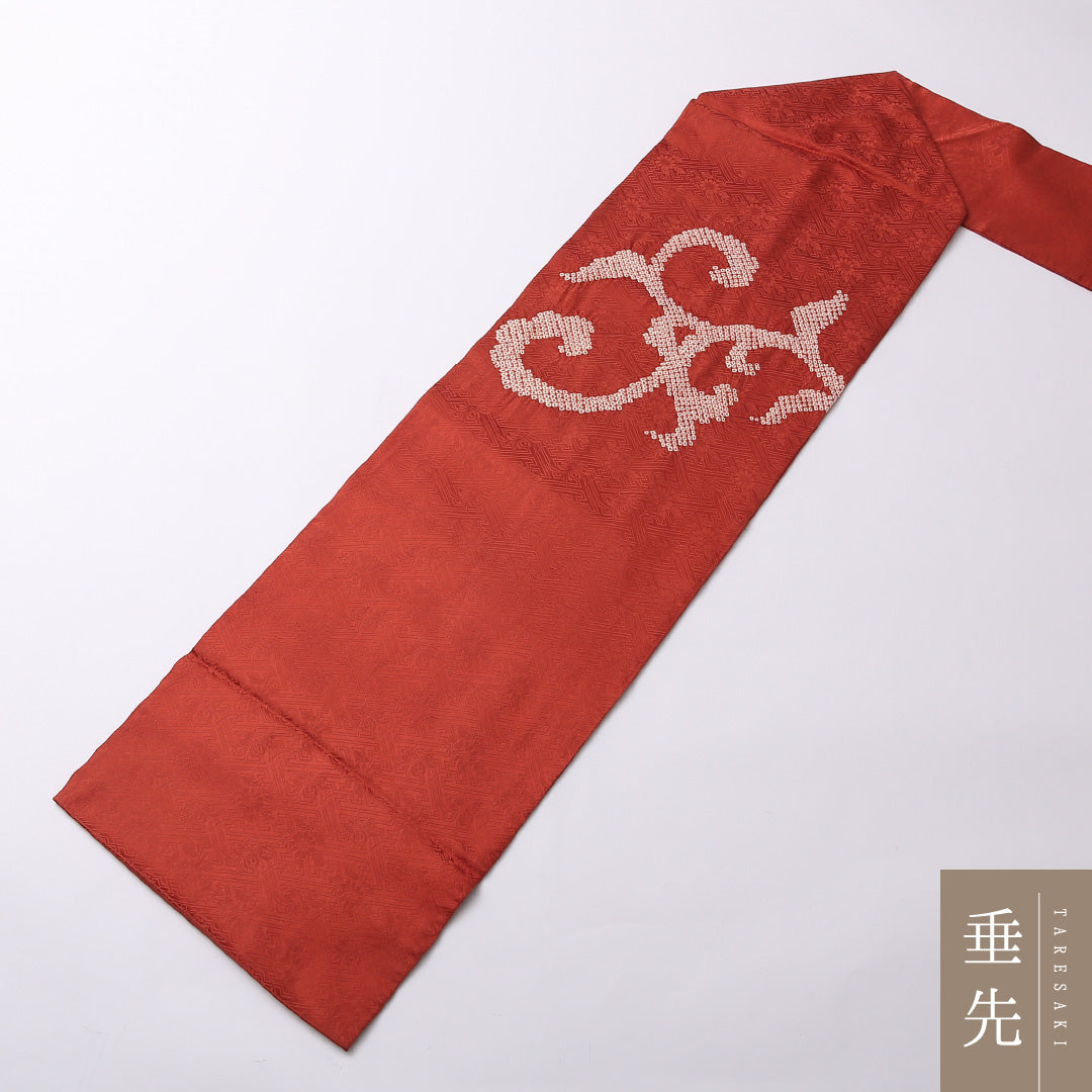 九寸名古屋帯 Sランク 帯丈347cm 正絹 ポイント柄 名古屋仕立て 染め インフォーマル 絞り 唐草 朱系 LP 1245-02674