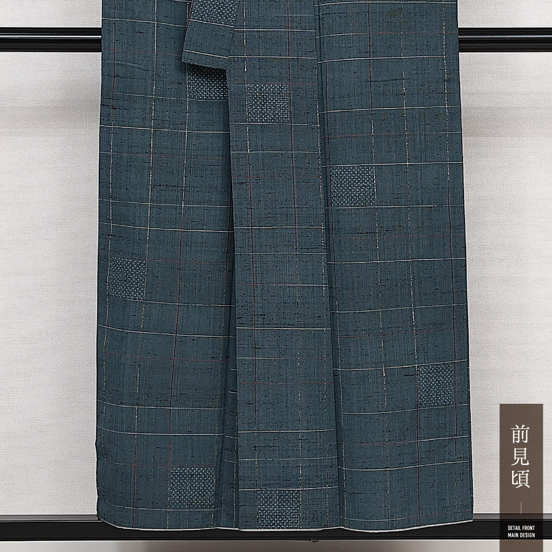 紬 袷 身丈151cm 裄丈67cm 正絹 Aランク カジュアル バチ衿 Sサイズ 格子 緑系 RP 1223-14099