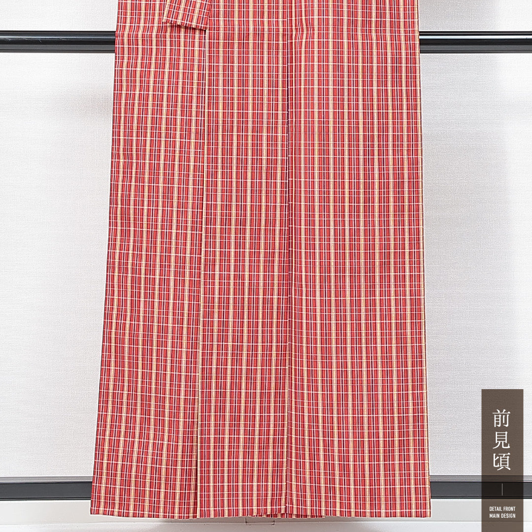 紬 単衣 身丈156cm 裄丈63cm 正絹 Sランク カジュアル バチ衿 Mサイズ 居敷当て 格子 赤系 RP 1223-14879