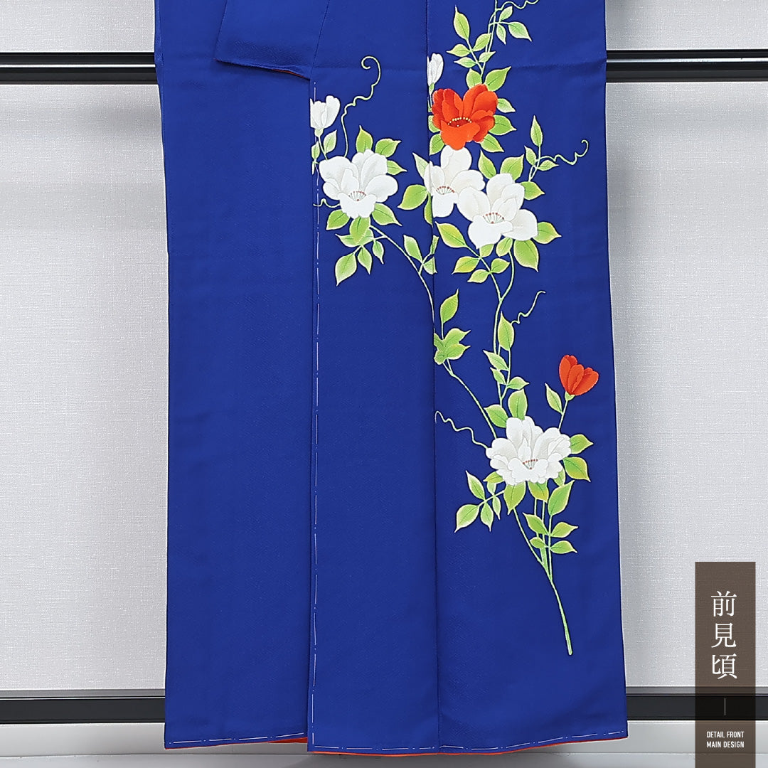 付下げ 身丈155cm 裄丈64cm Sランク M ポリエステル 洗える着物 袷 広衿 花柄 インフォーマル 青系 1261-12029