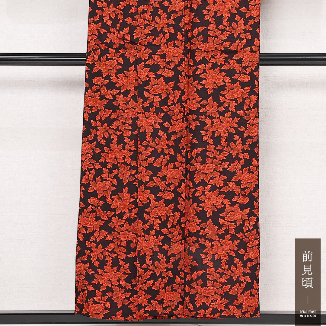 洗える着物 ウールの紬 単衣 身丈150cm 裄丈63cm ウール Sランク カジュアル バチ衿 Sサイズ 牡丹 朱系 RP 1223-13281