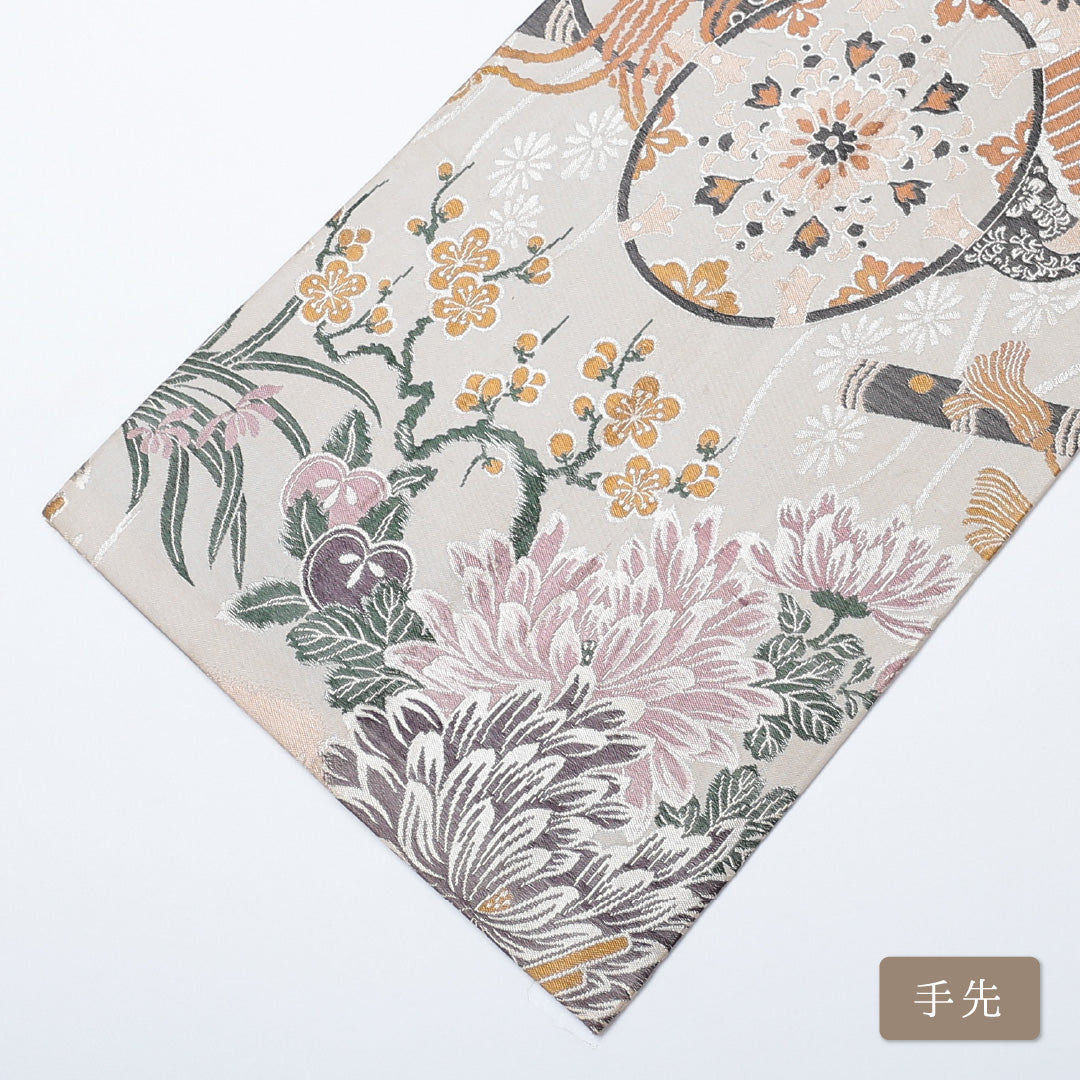 アンティーク 丸帯 帯丈388cm 全通 唐織 小鼓 フォーマル クリーム系 正絹 Aランク 1223-00630