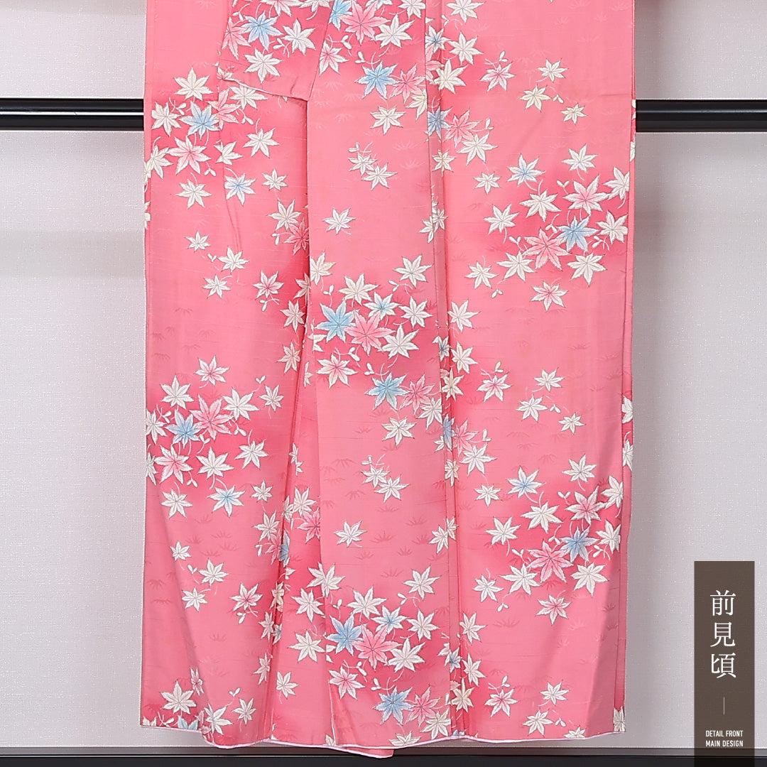 小紋 袷 身丈149cm 裄丈65cm 正絹 Cランク インフォーマル 広衿 XSサイズ ぼかし染 植物柄 ピンク系 HP 1221-12383