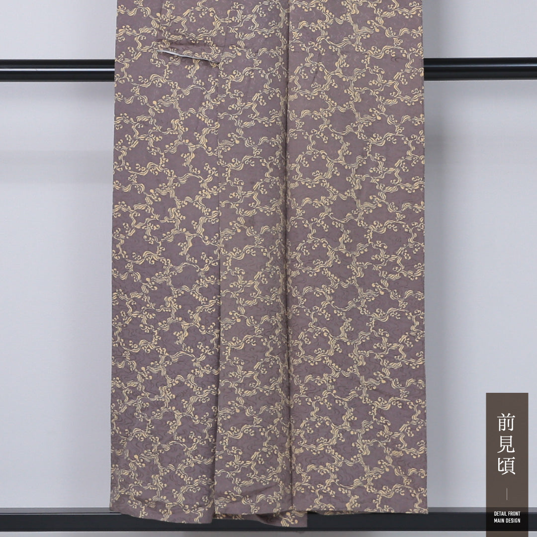 洗える着物 小紋 単衣 身丈151cm 裄丈62cm ポリエステル Bランク インフォーマル 広衿 Sサイズ 創作柄 茶系 RP 1221-12342