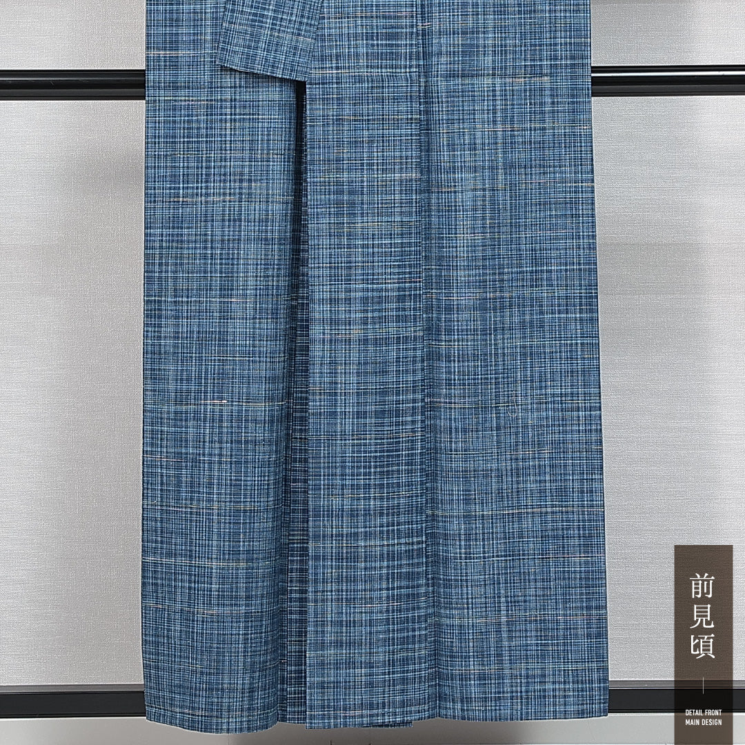 紬 単衣 身丈153cm 裄丈64cm 正絹 Aランク カジュアル 広衿 Sサイズ 格子 水色系 RP 1223-14728