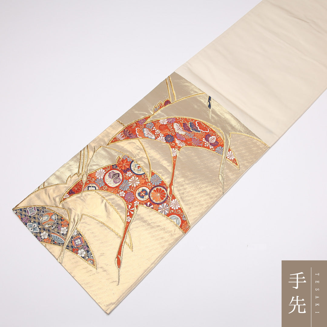 袋帯 帯丈420cm 正絹 六通 フォーマル 佐賀錦 琳派 鶴 古典柄 金系 1243-01001