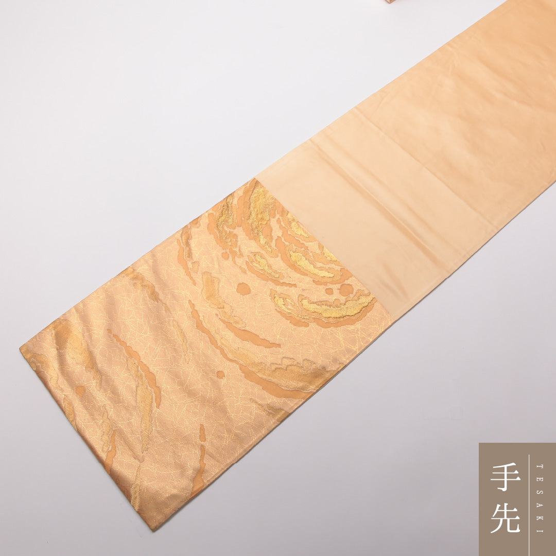 袋帯 帯丈434cm Sランク 六通 正絹 創作 金糸 インフォーマル 朱系 1223-01416