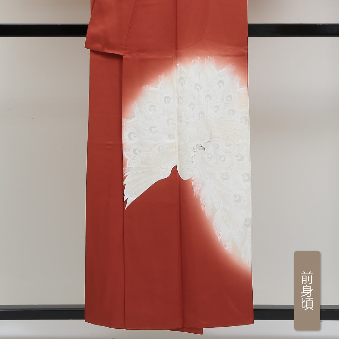 色留袖 身丈155cm 裄丈62.5cm Bランク 正絹 袷 広衿 M 刺繍 孔雀 セミフォーマル 朱系 1211-F0153