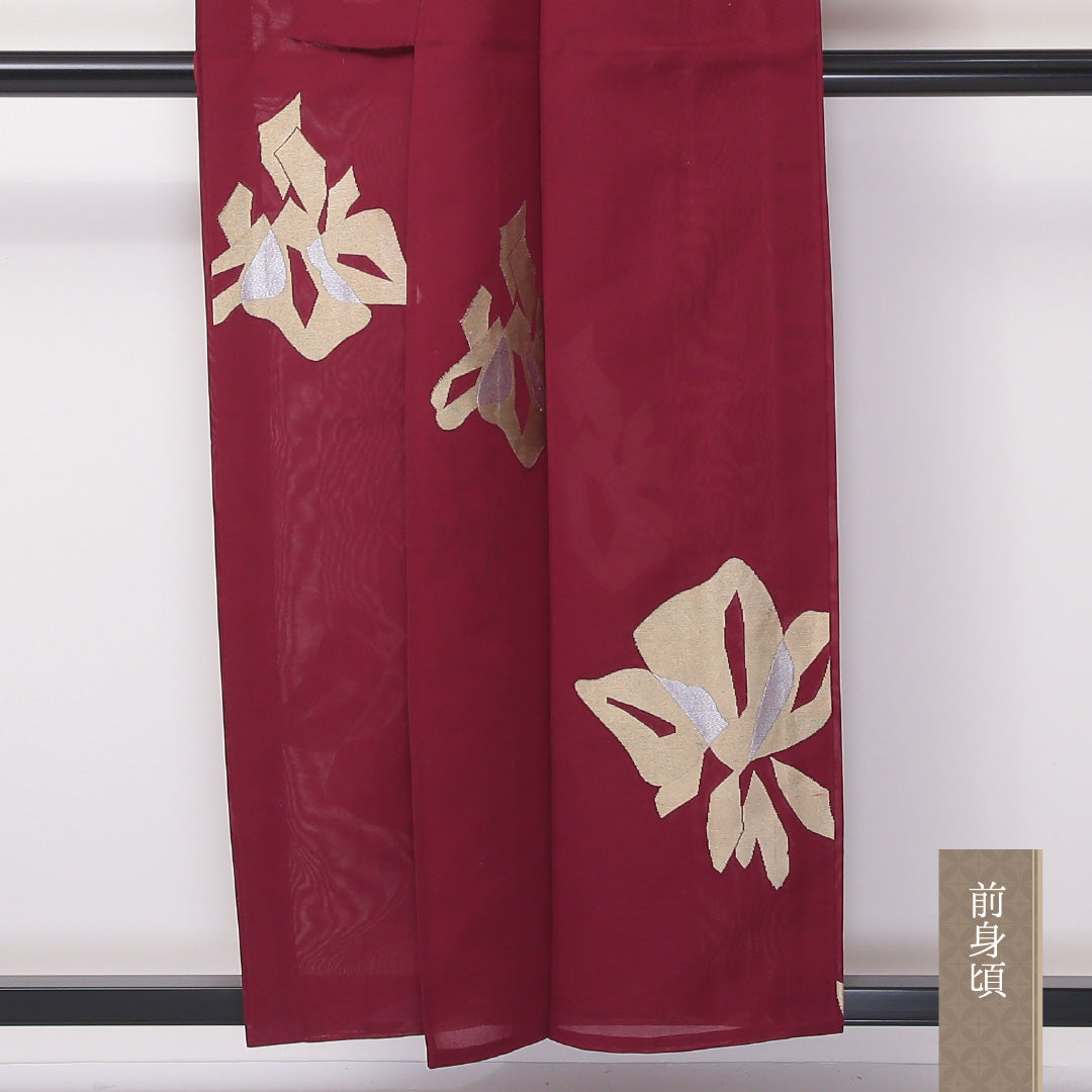 小紋 紗 身丈154cm 裄65.5cm 正絹 切嵌 夏着物 赤系 Cランク 1215-02165