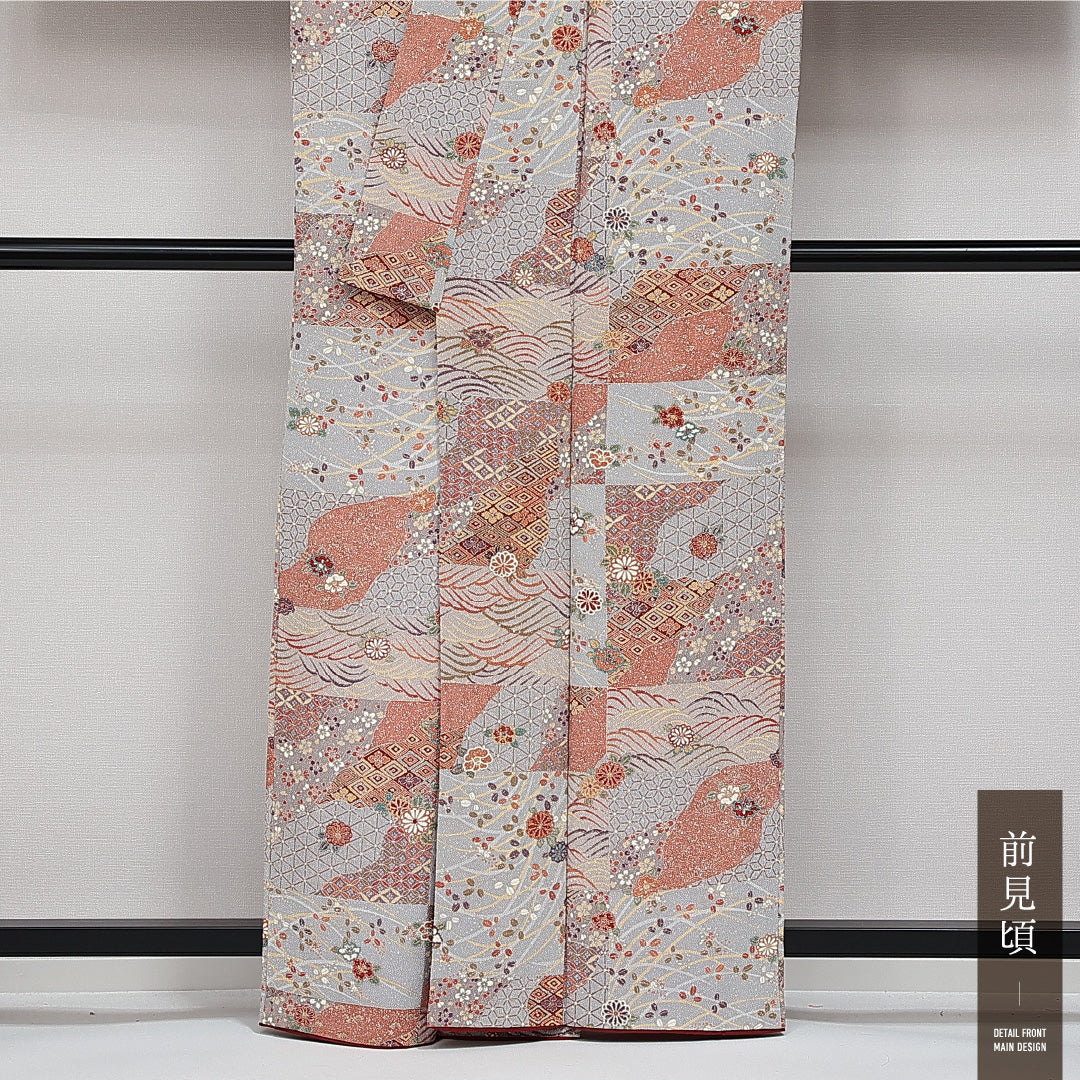 小紋 袷 身丈161cm 裄丈65cm 正絹 Sランク インフォーマル 広衿 Lサイズ 駒縫い 古典柄 グレー系 RP 1221-14347
