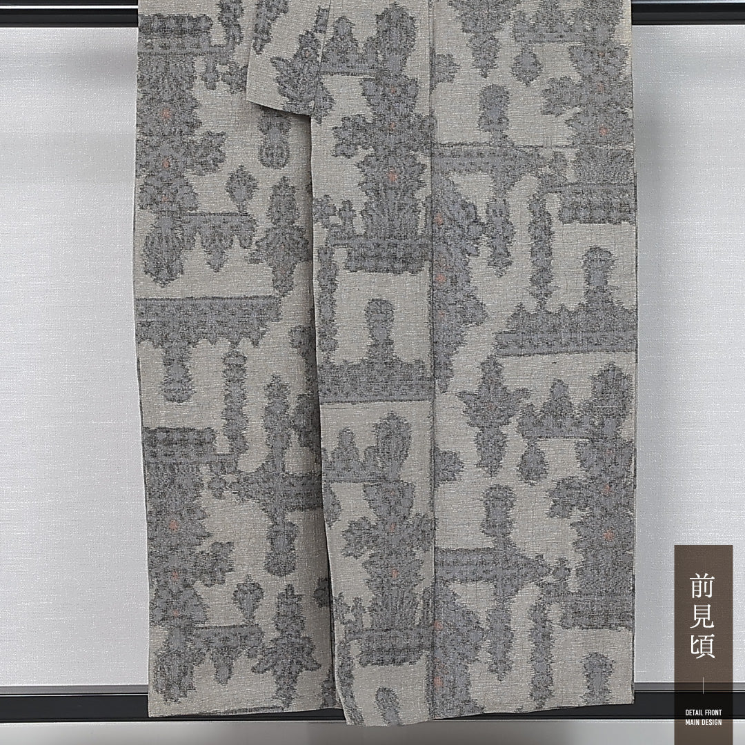 夏物 紬 身丈152cm 裄丈61cm Aランク S 麻 洗える着物 単衣 バチ衿 オリエンタル 肩当て カジュアル ベージュ系 1216-11976