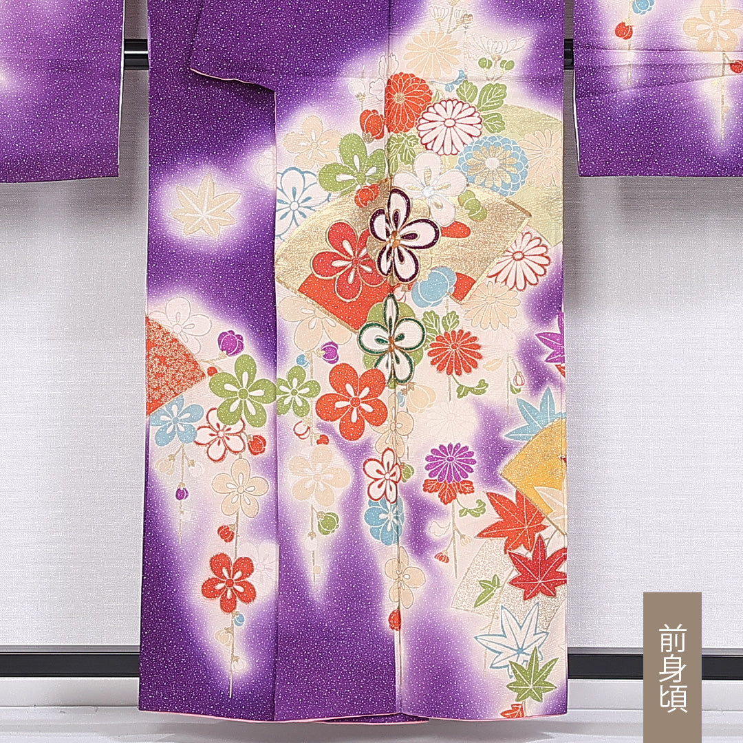 振袖 身丈157cm 裄丈65cm 袷 正絹 Cランク 広衿 菊 梅 紅葉 金駒刺繍 扇 1213-F0391