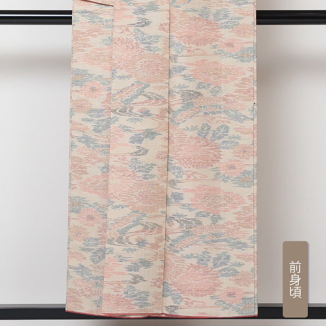 紬 袷 身丈152cm 裄丈63cm 正絹 Sランク カジュアル 広衿 Sサイズ 船 流水 菊 クリーム系 RP 1223-03096