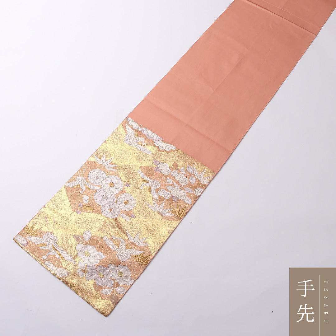 袋帯 帯丈444cm 正絹 六通 フォーマル 松鶴 四季草花 ピンク系 金系 1243-01605