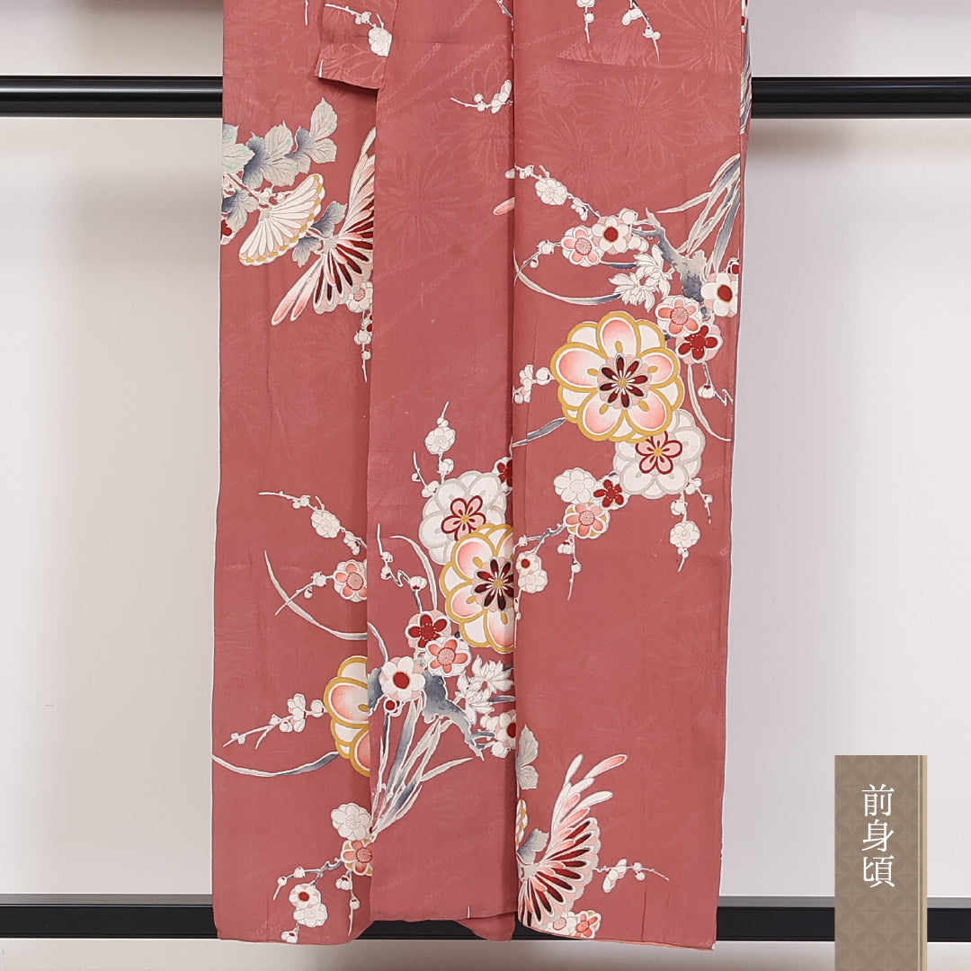 アンティーク 小紋 袷 身丈154cm 裄62.5cm 正絹 梅や菊 ピンク系 Cランク 1215-02299