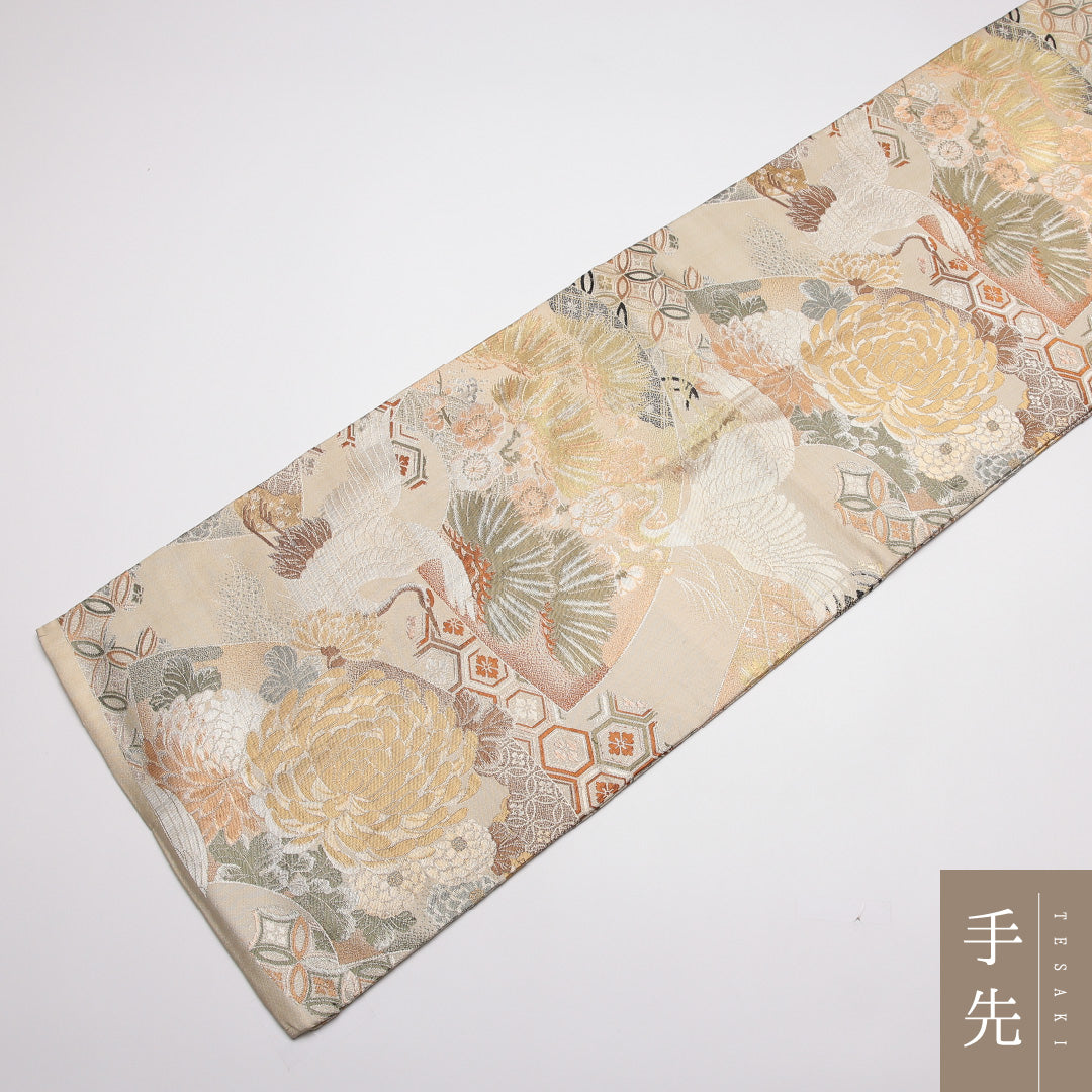 アンティーク 丸帯 帯丈394cm 正絹 全通 扇面文 松鶴 クリーム系 1242-01409