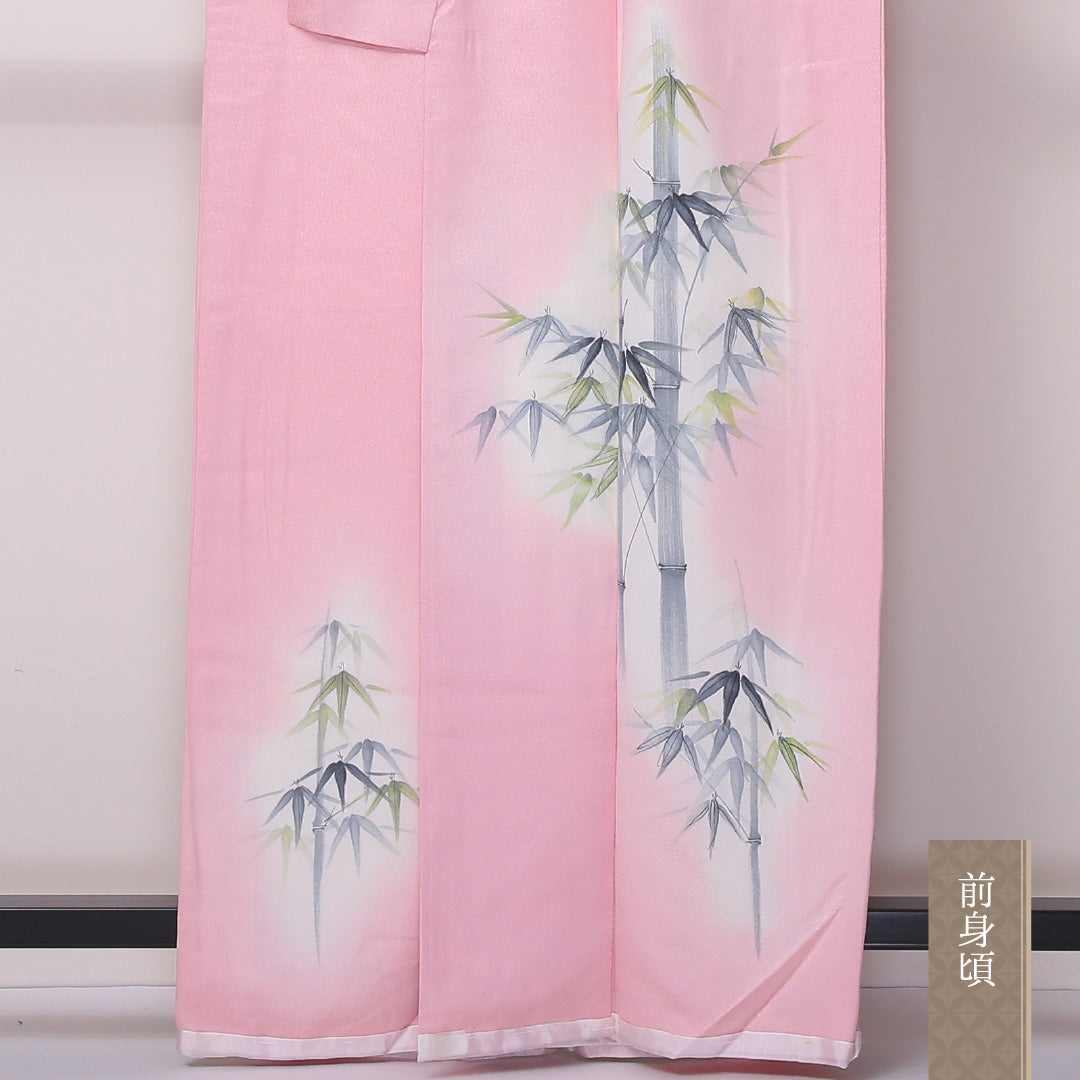 未使用品 付下げ 袷 身丈160cm 裄丈65cm 正絹 Sランク インフォーマル 広衿 Lサイズ ぼかし染 しつけ糸 笹 竹 ピンク系 RP 1218-04580