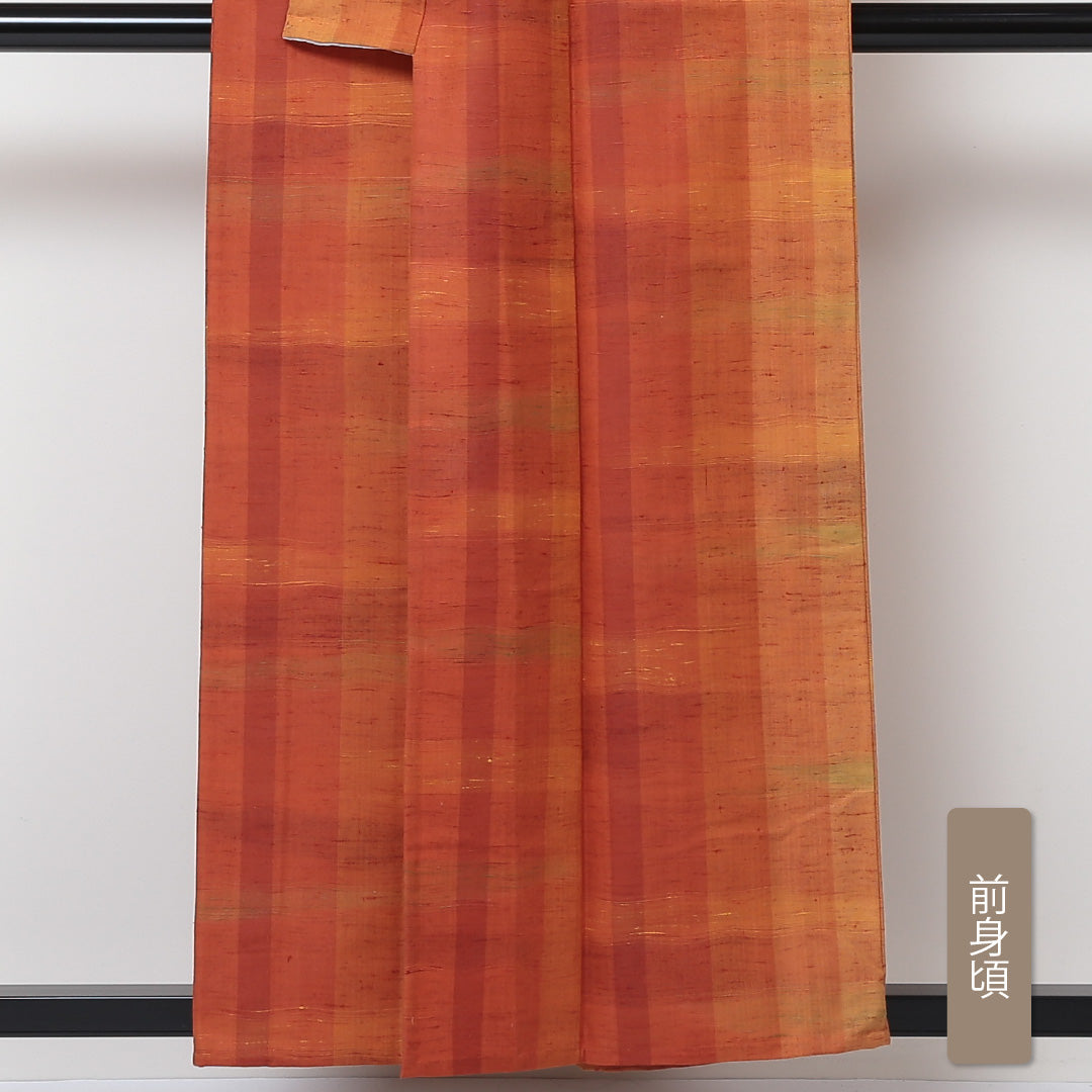紬 単衣 身丈156cm 裄64cm ウール 朱系 Bランク モダン 1216-00621-4316 1216-00621