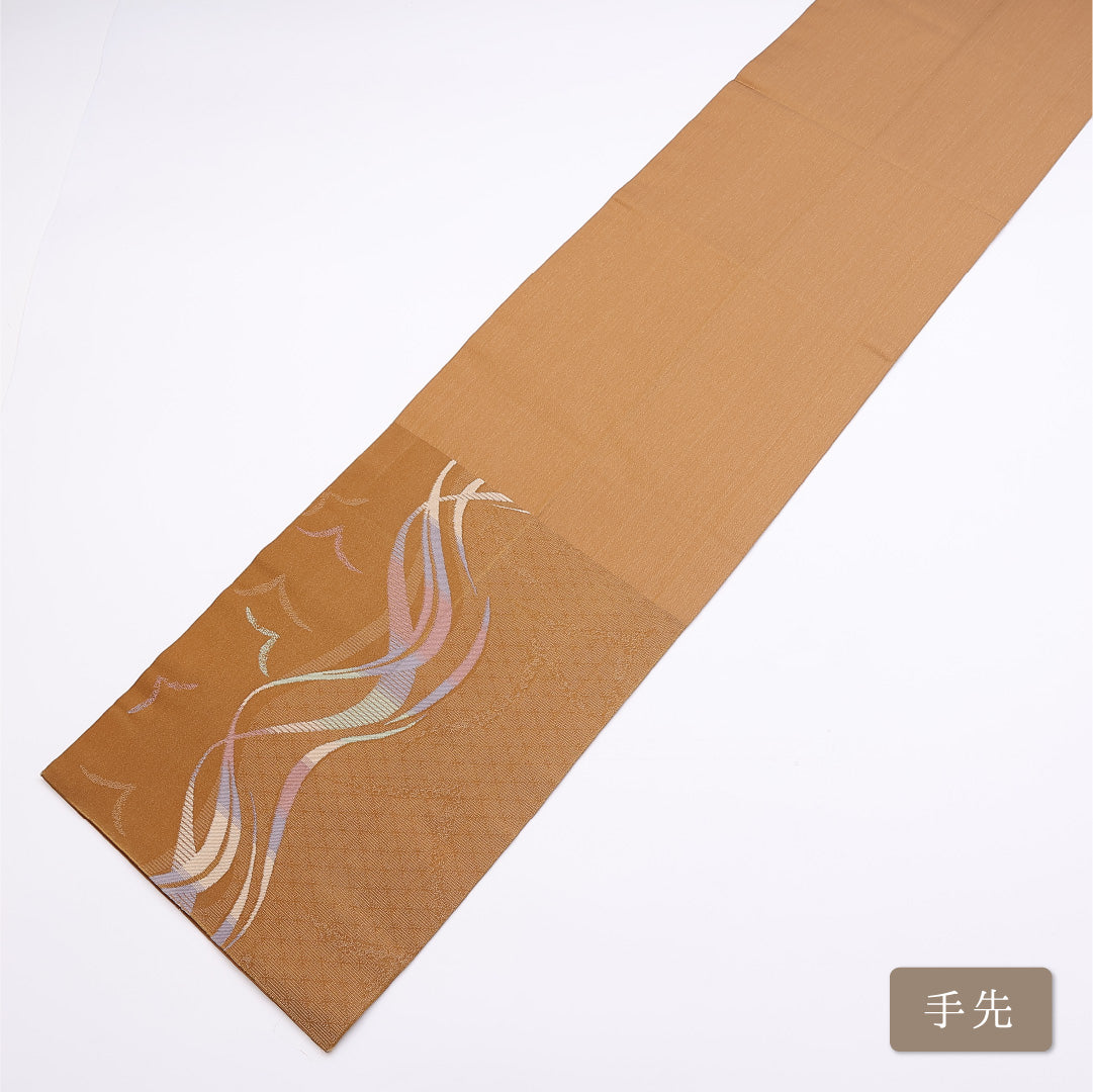 名古屋帯 帯丈360cm 六通 開き仕立て Sランク カジュアル カモメ 波 正絹 黄系 1224-01316