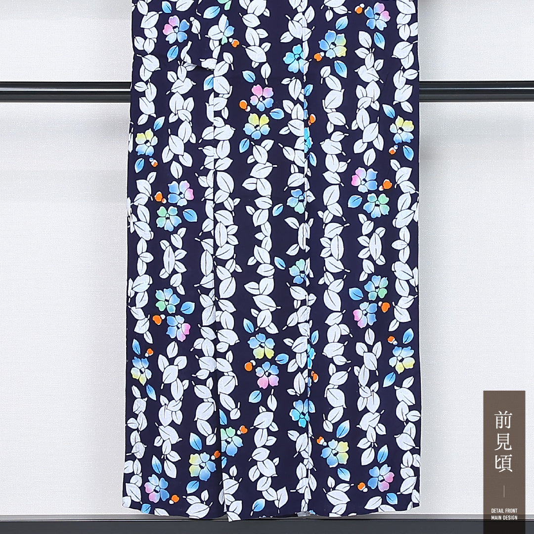 夏物 浴衣 身丈150cm 裄丈63cm Cランク S 木綿 洗える着物 夏物 バチ衿 肩当て 椿 カジュアル 紺系 1218-12147