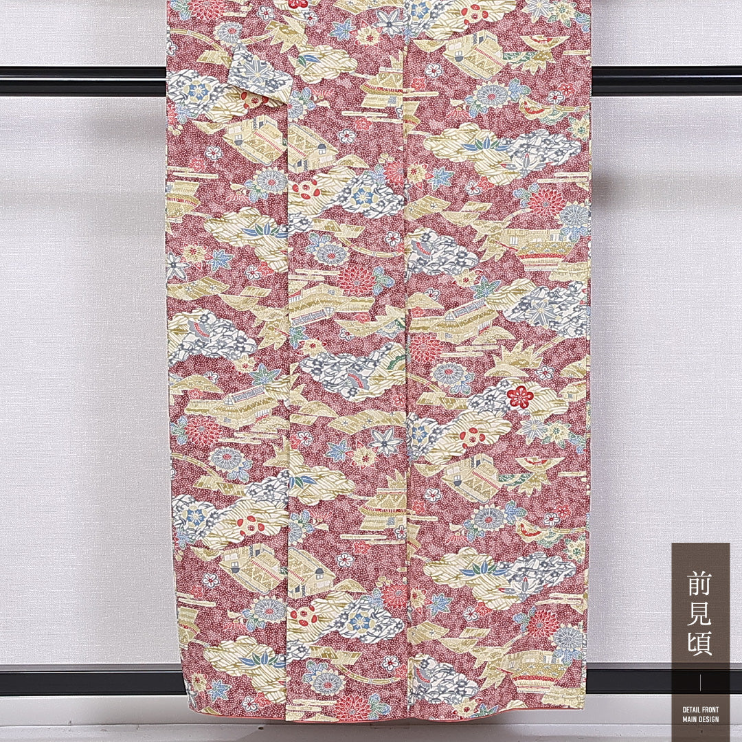 小紋 (ちりめん) 袷 身丈155cm 裄丈63cm 正絹 Sランク インフォーマル バチ衿 Mサイズ 茶屋辻 ちりめん 紫系 RP 1221-11259
