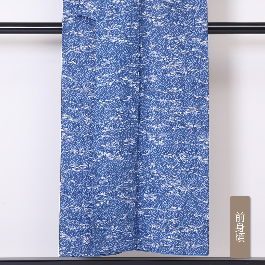 お召 袷 身丈149cm 裄丈62cm 正絹 Bランク インフォーマル バチ衿 XSサイズ しつけ糸 植物柄 青系 HP 1222-03277