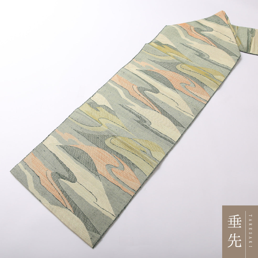 八寸名古屋帯 Sランク 帯丈264cm 正絹 全通 名古屋仕立て 織り カジュアル 紬 遠山 緑系 RP 1245-03047